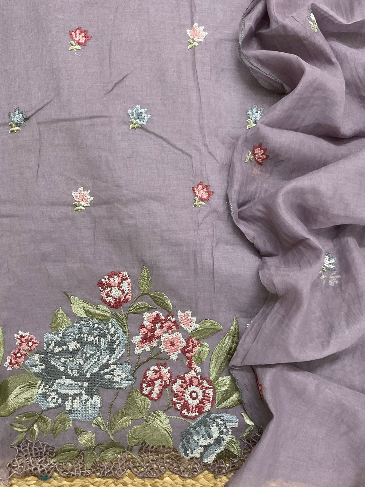 Pure Chanderi Embroidered Suit - Lavender