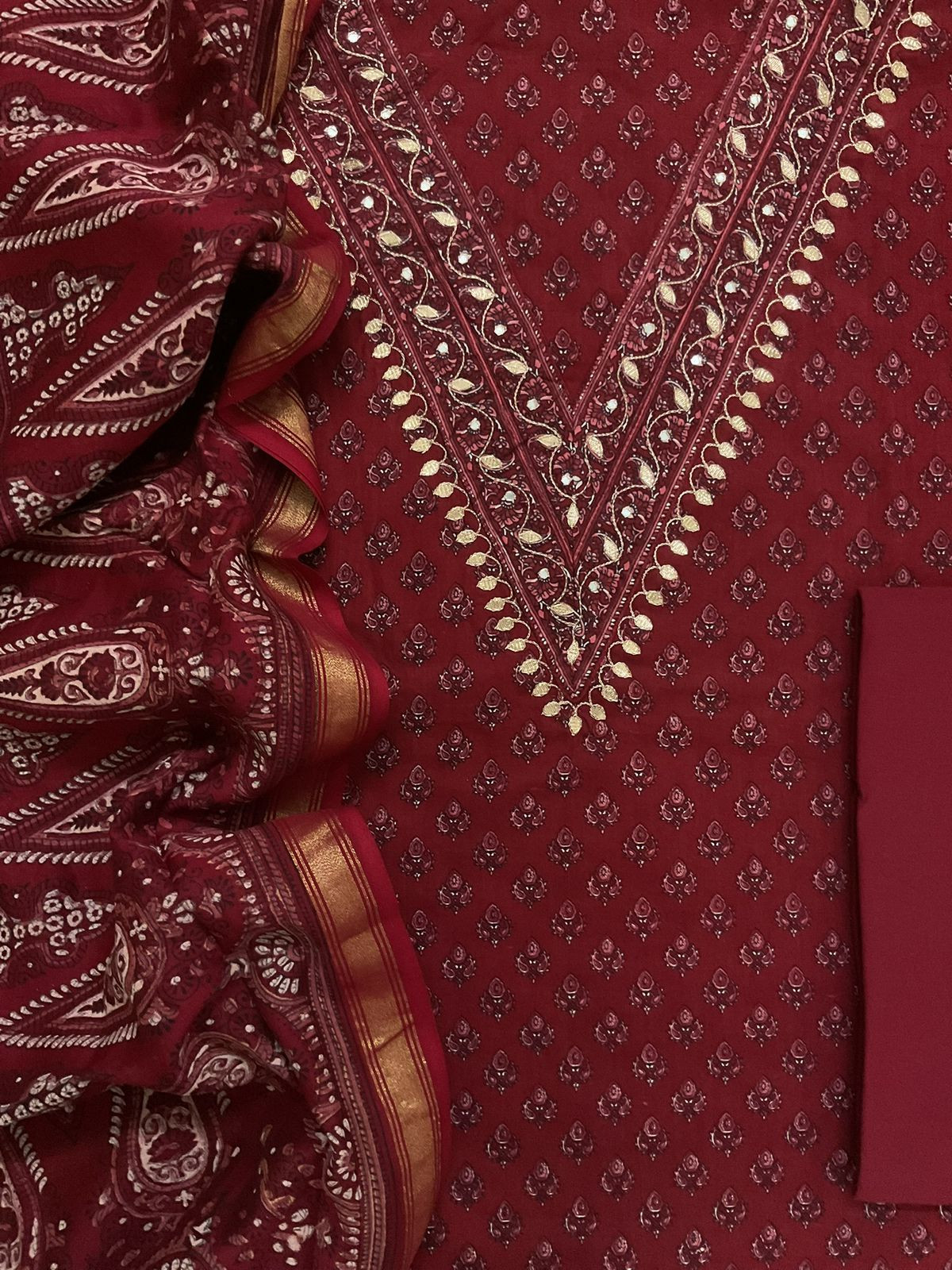 Pure Cotton Printed Embroidered Suit - Maroon