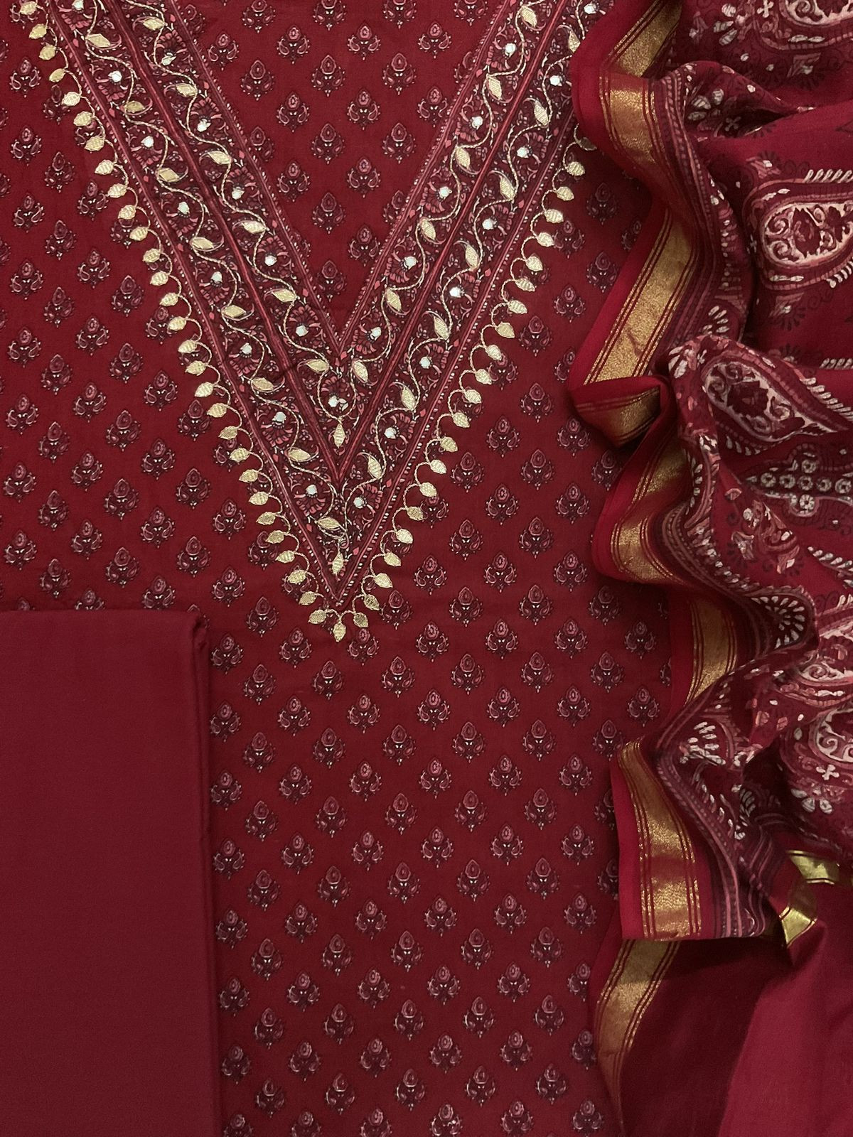 Pure Cotton Printed Embroidered Suit - Maroon