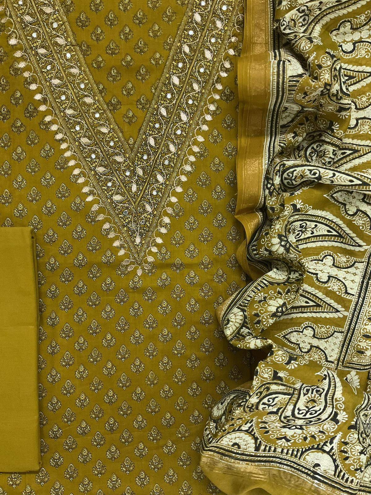 Pure Cotton Printed Embroidered Suit - Yellow