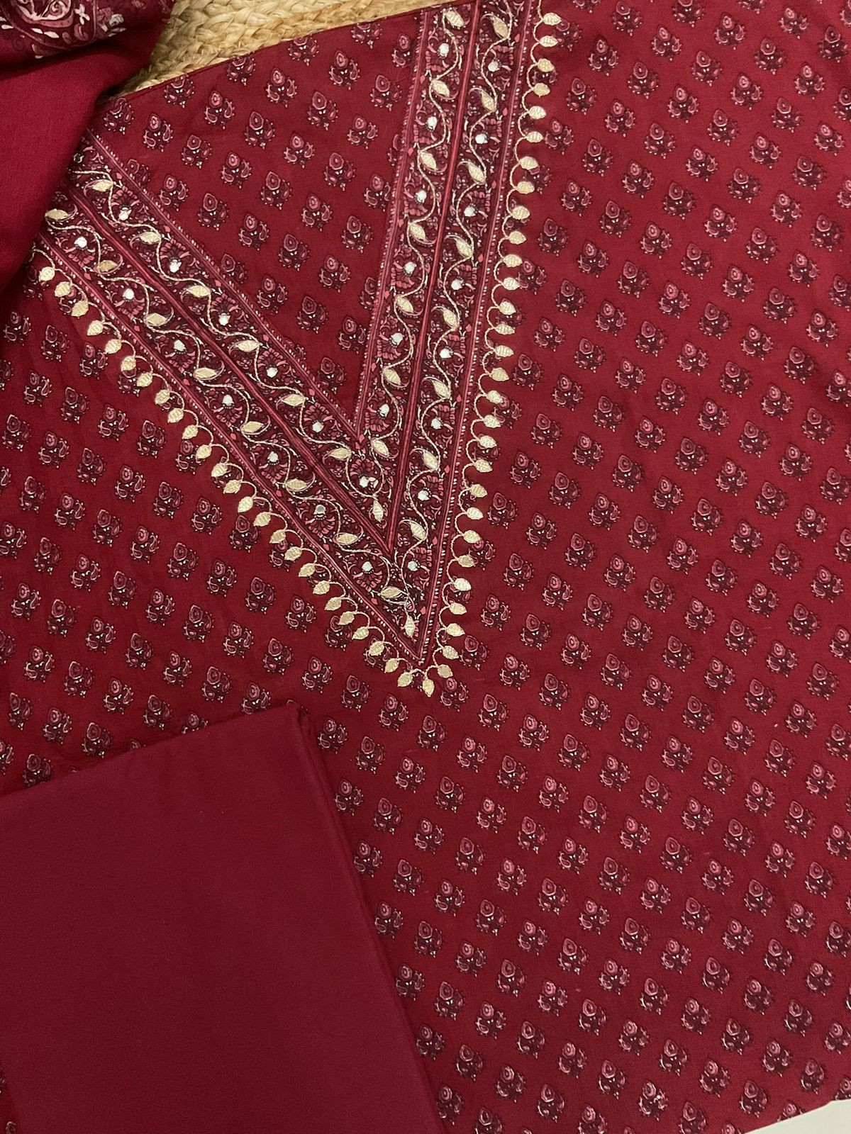 Pure Cotton Printed Embroidered Suit - Maroon