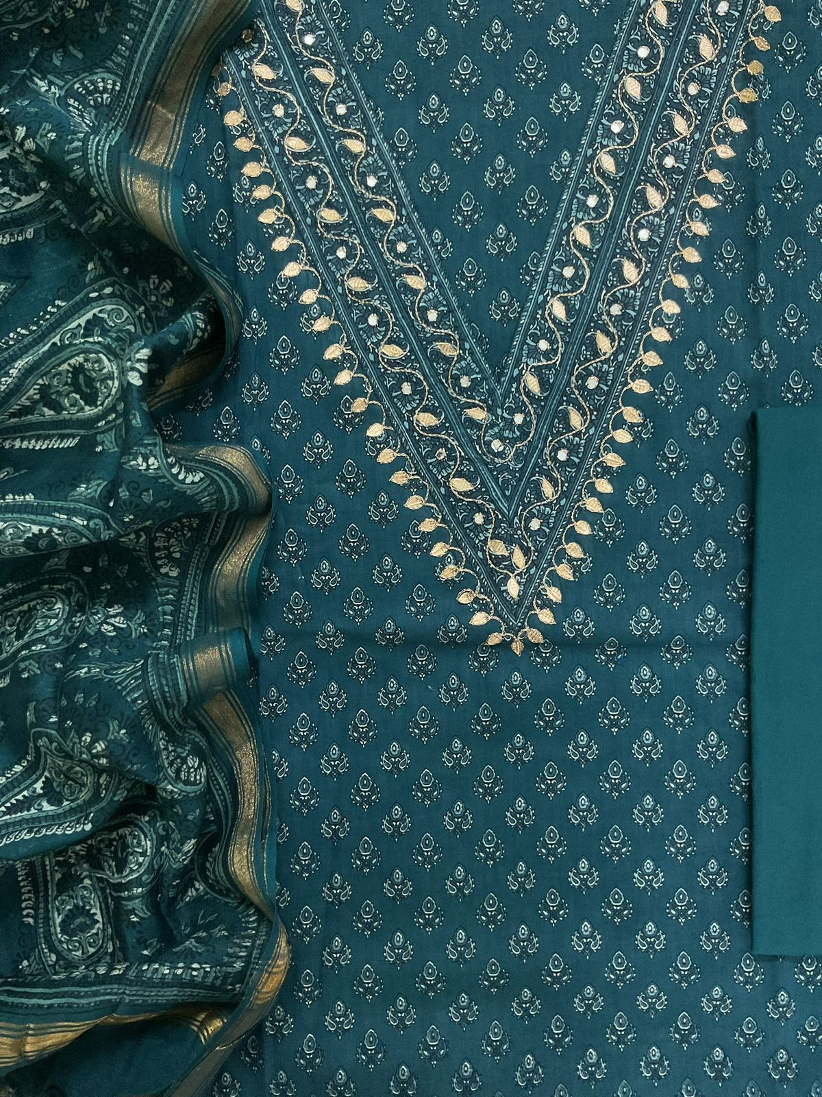 Pure Cotton Printed Embroidered Suit - Blue