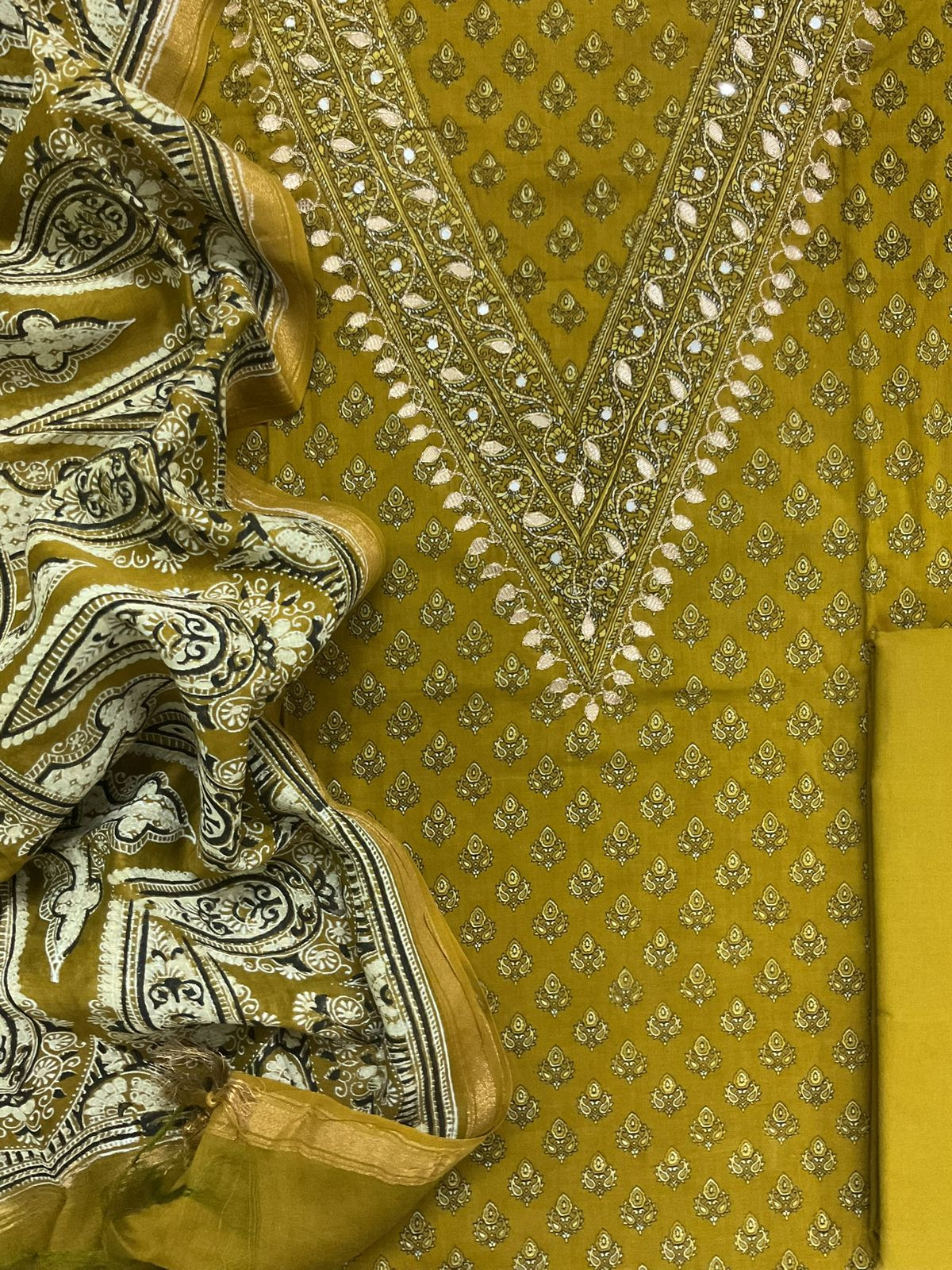 Pure Cotton Printed Embroidered Suit - Yellow