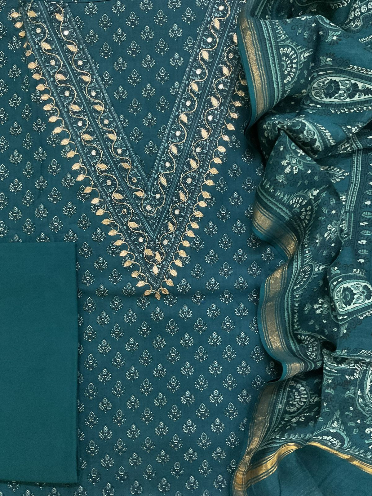 Pure Cotton Printed Embroidered Suit - Blue