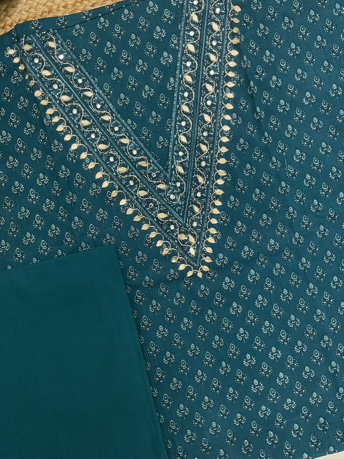 Pure Cotton Printed Embroidered Suit - Blue