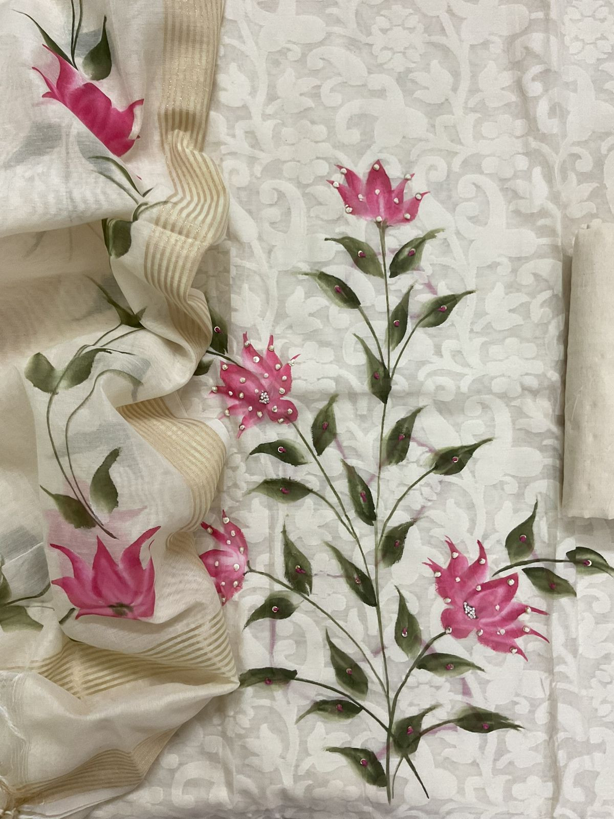 Soft Chanderi Self Weaved Brush Painted Embroidered Suit - Off White