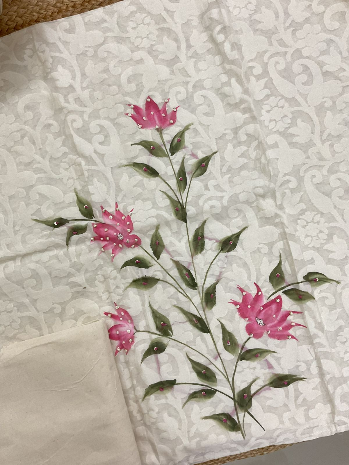 Soft Chanderi Self Weaved Brush Painted Embroidered Suit - Off White