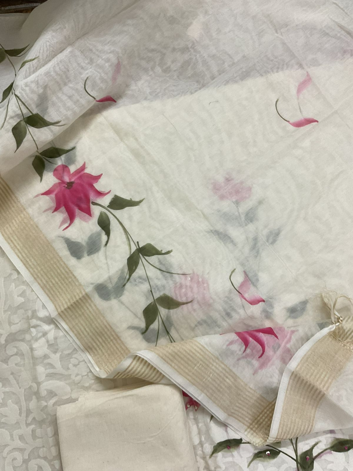 Soft Chanderi Self Weaved Brush Painted Embroidered Suit - Off White