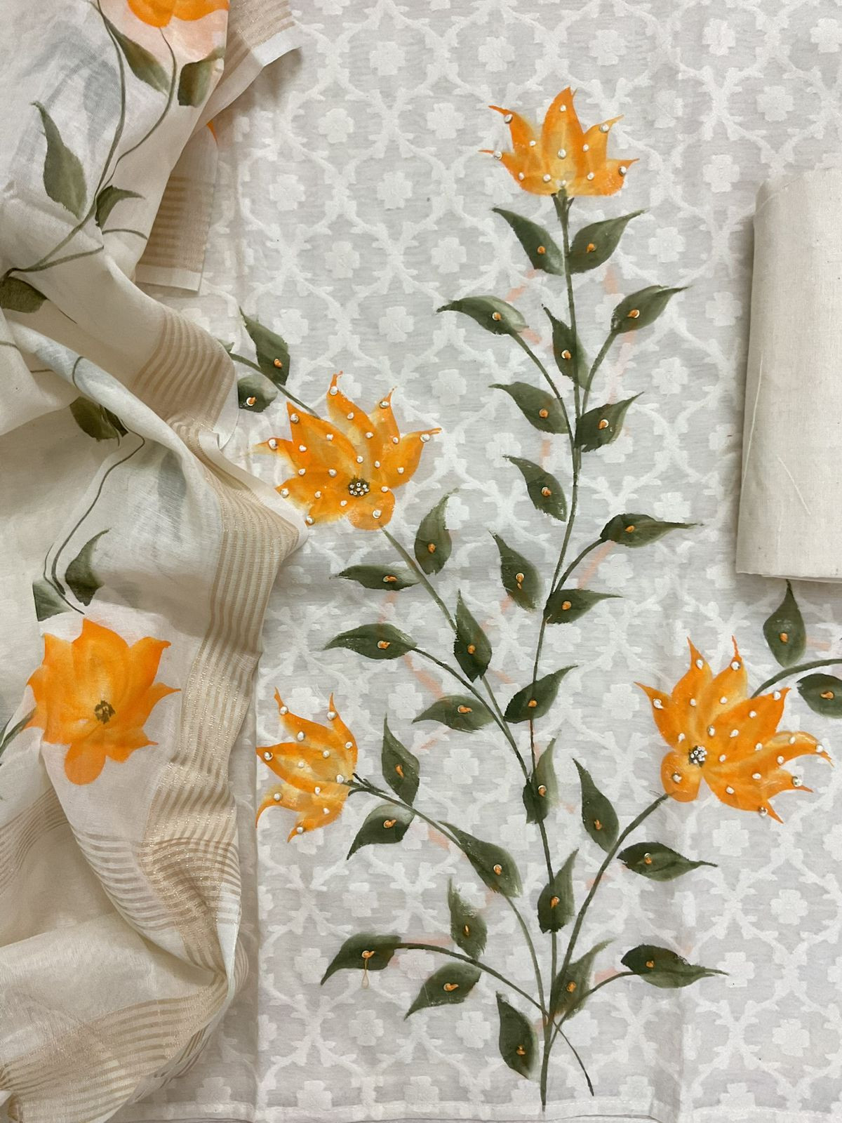 Soft Chanderi Self Weaved Brush Painted Embroidered Suit - Off White