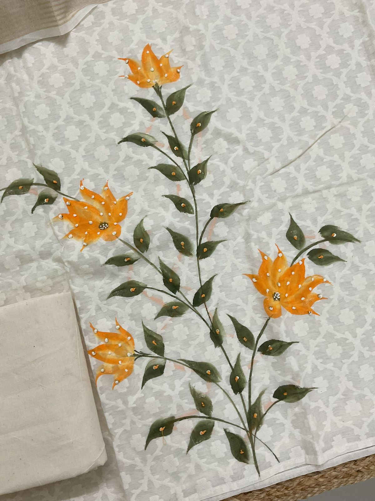 Soft Chanderi Self Weaved Brush Painted Embroidered Suit - Off White