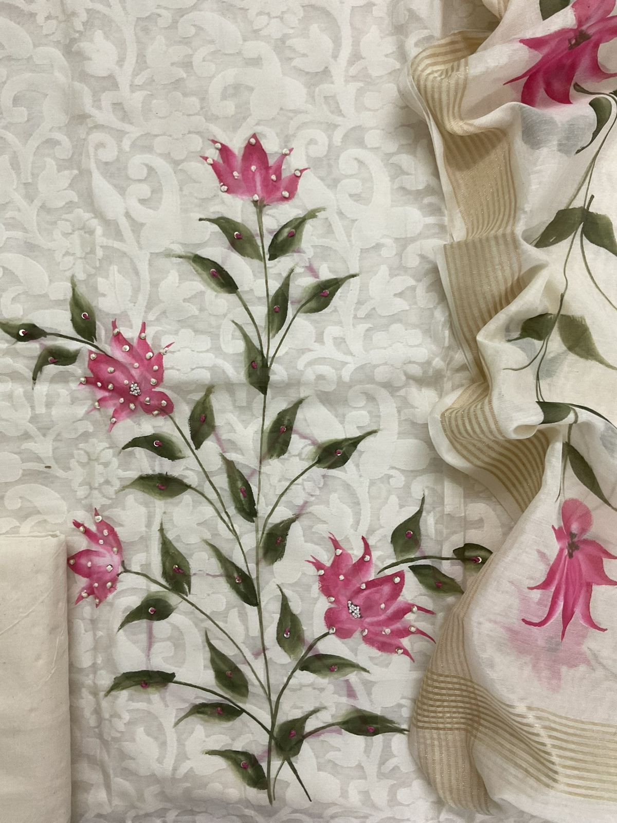 Soft Chanderi Self Weaved Brush Painted Embroidered Suit - Off White