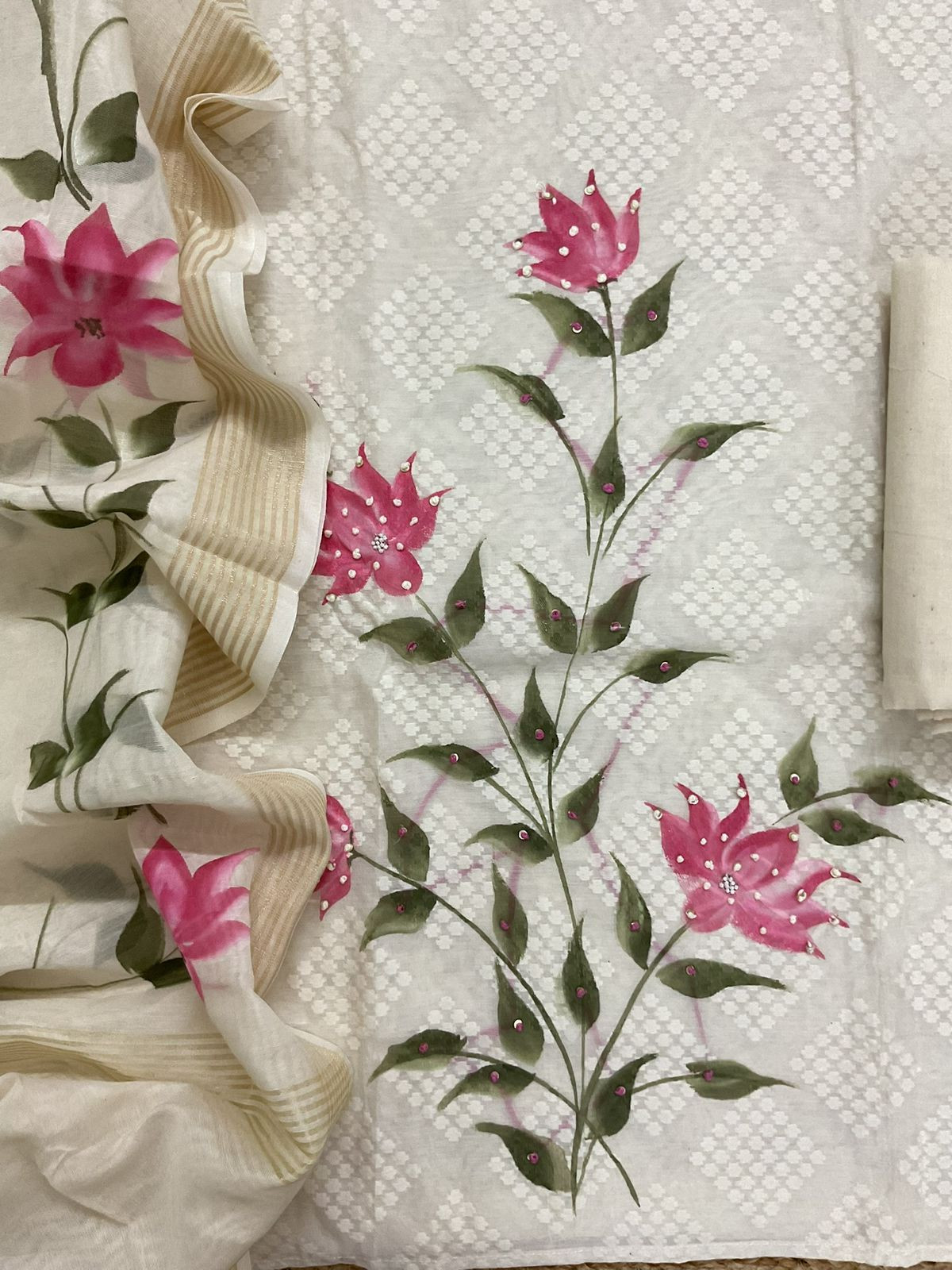 Soft Chanderi Self Weaved Brush Painted Embroidered Suit - Off White