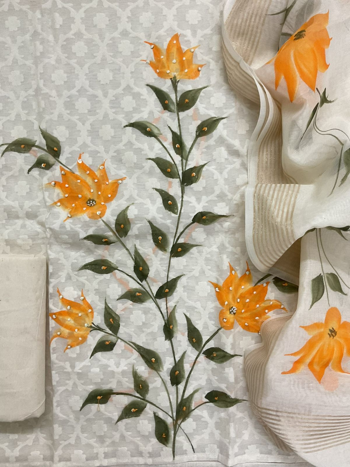 Soft Chanderi Self Weaved Brush Painted Embroidered Suit - Off White