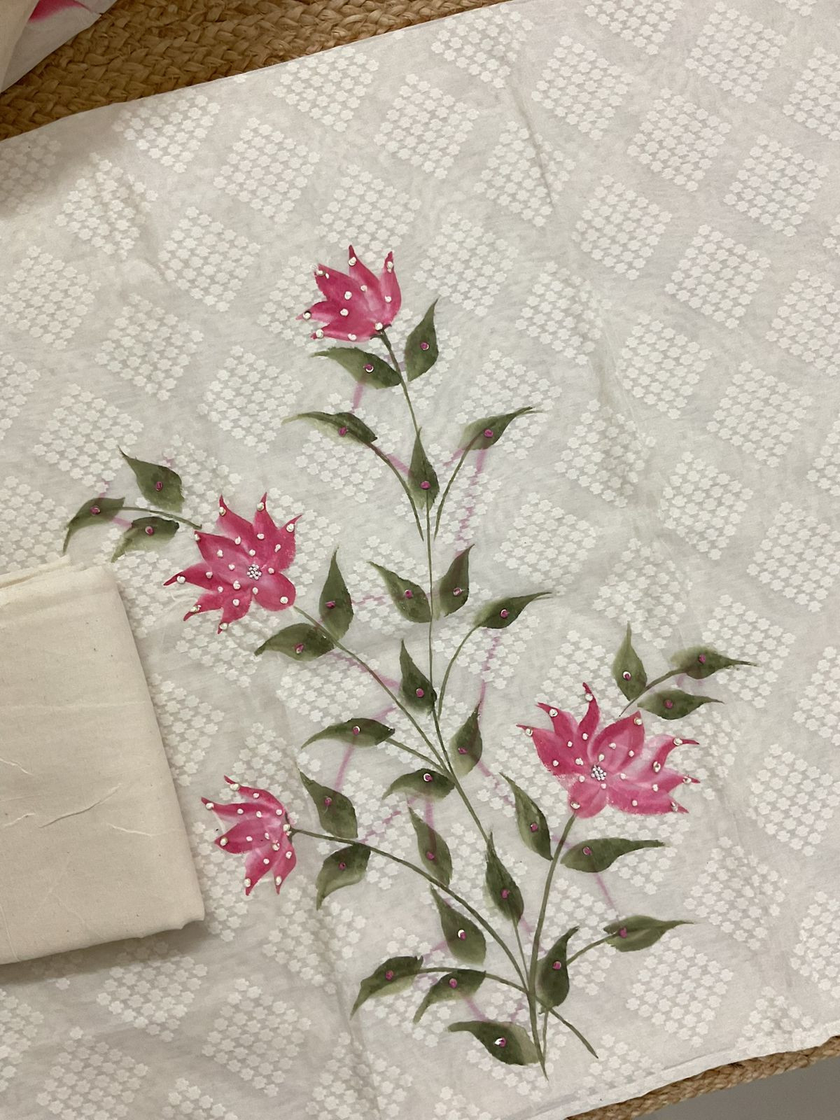 Soft Chanderi Self Weaved Brush Painted Embroidered Suit - Off White