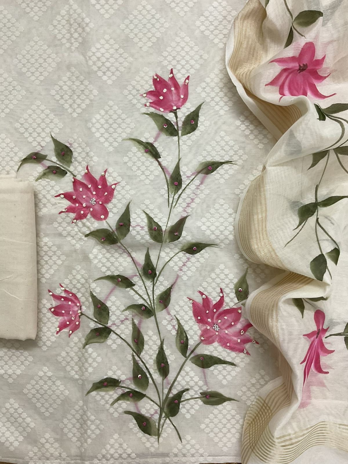 Soft Chanderi Self Weaved Brush Painted Embroidered Suit - Off White