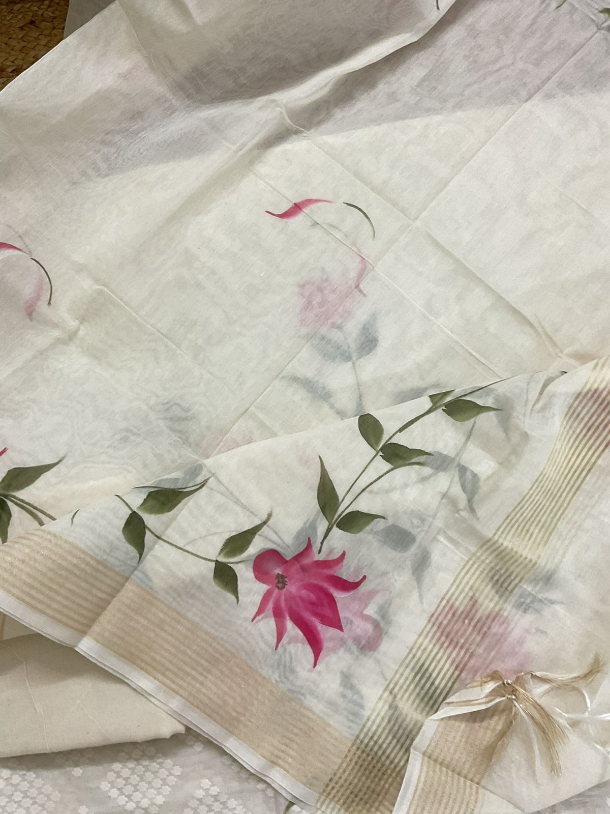 Soft Chanderi Self Weaved Brush Painted Embroidered Suit - Off White