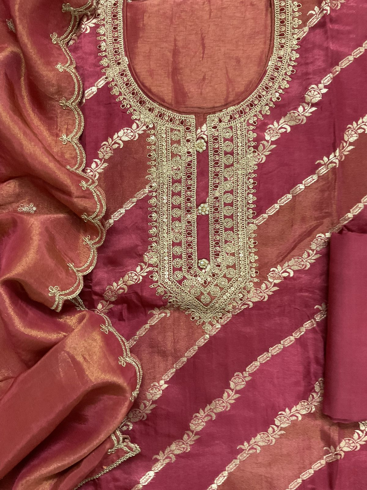 Soft Fine Tissue Shimmer Silk Self Weaved Embroidered Suit - Pink