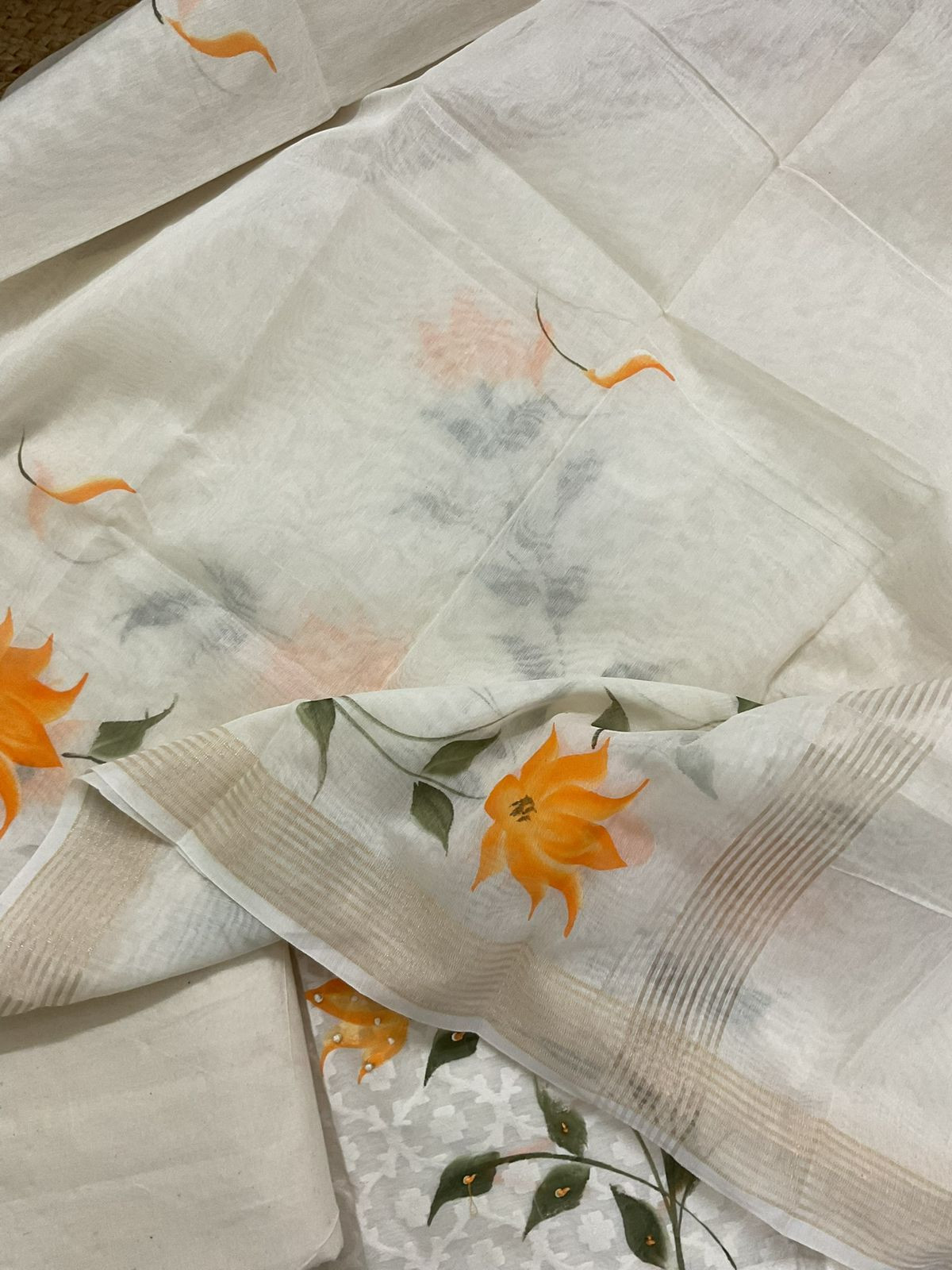 Soft Chanderi Self Weaved Brush Painted Embroidered Suit - Off White