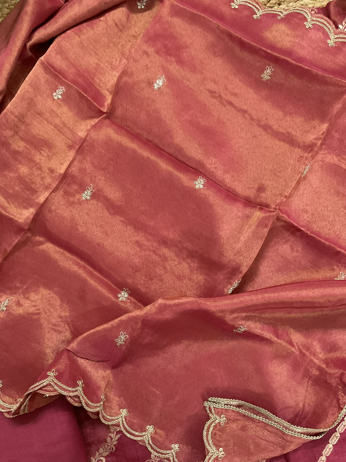 Soft Fine Tissue Shimmer Silk Self Weaved Embroidered Suit - Pink