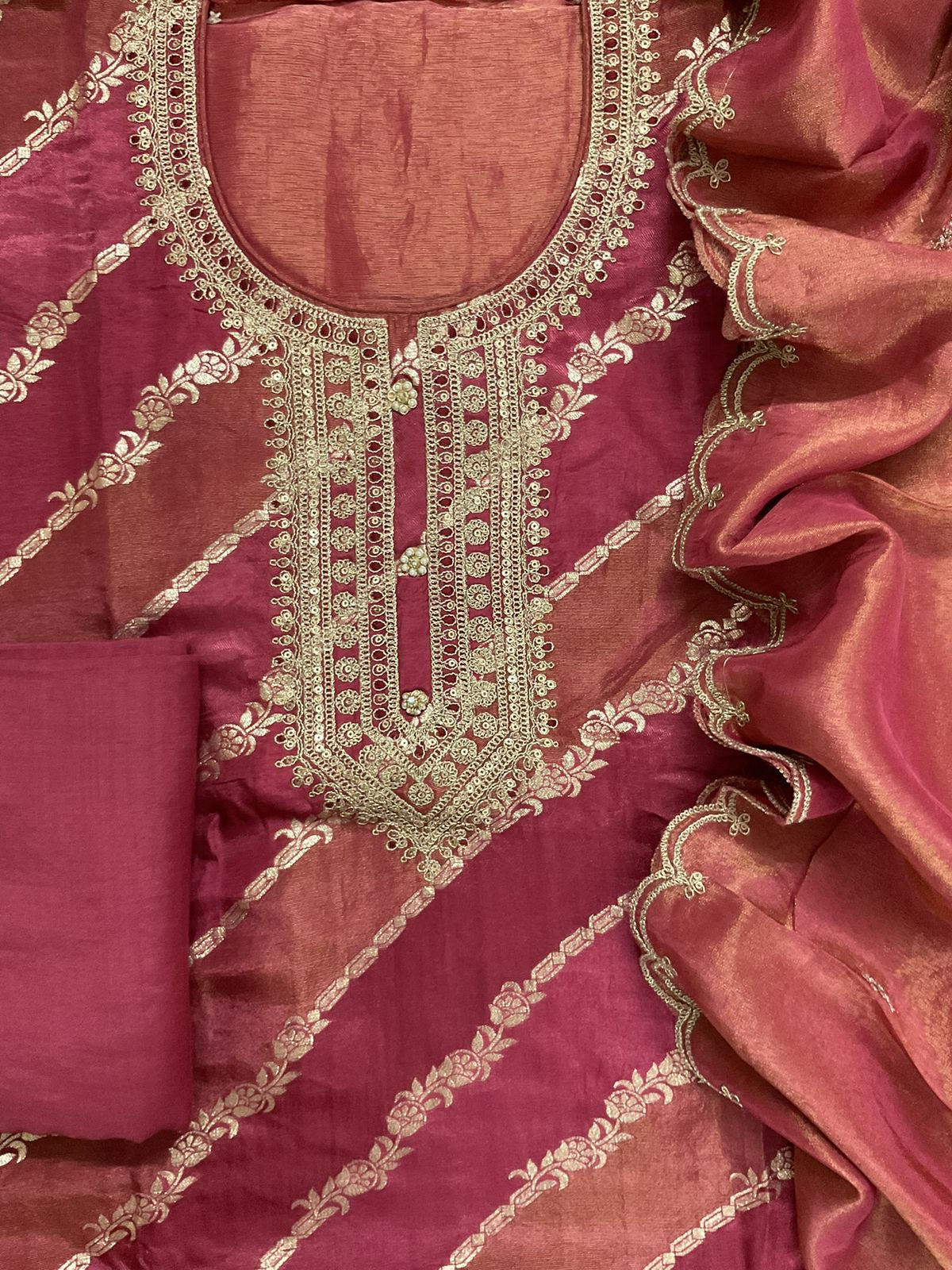 Soft Fine Tissue Shimmer Silk Self Weaved Embroidered Suit - Pink