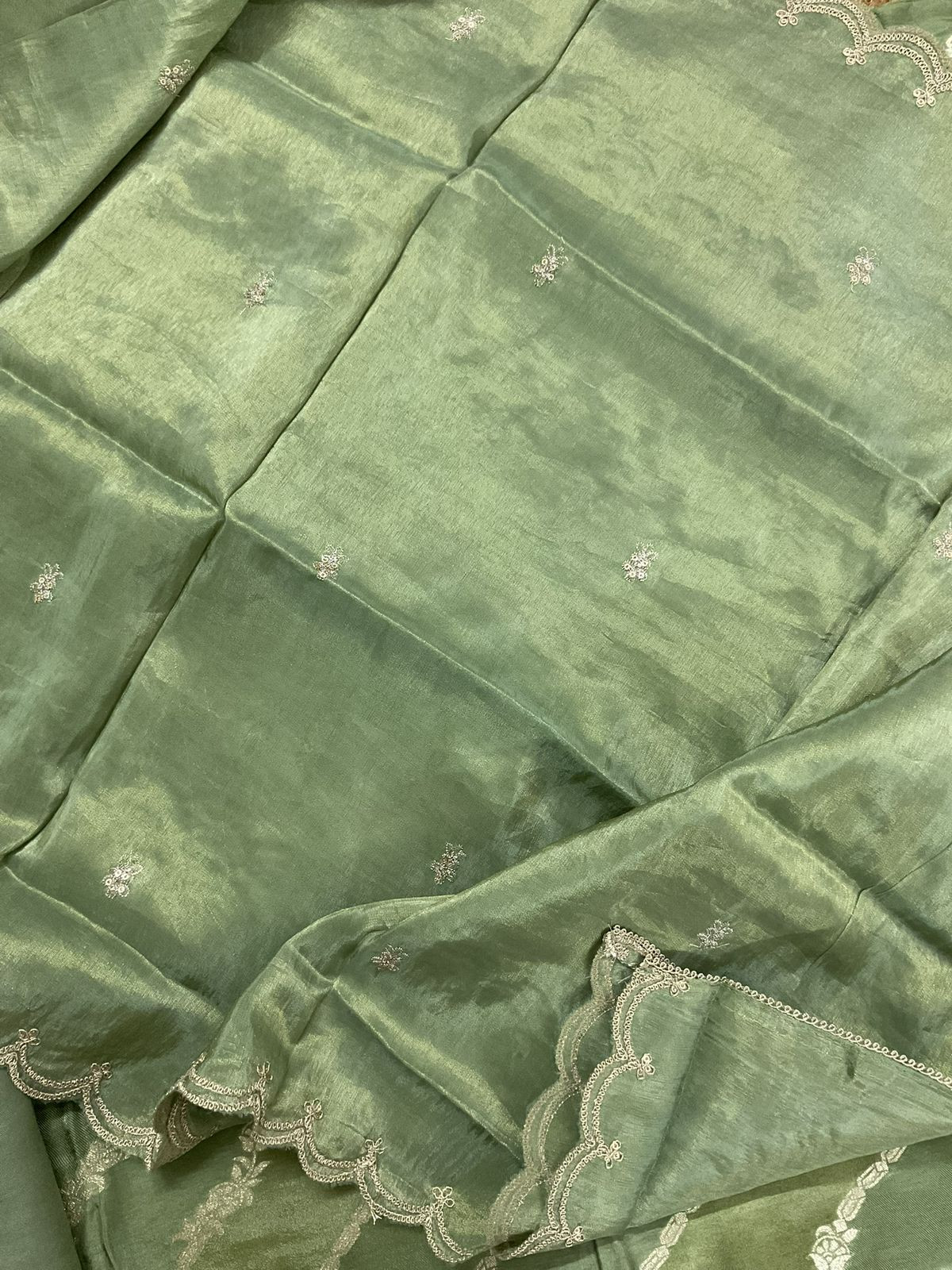Soft Fine Tissue Shimmer Silk Self Weaved Embroidered Suit - Green