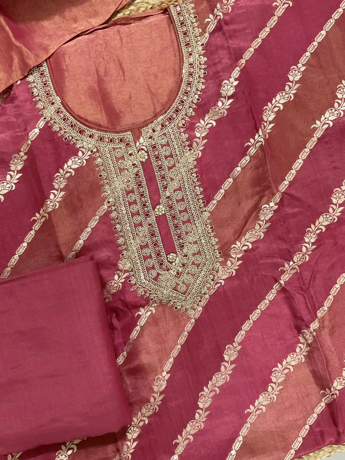Soft Fine Tissue Shimmer Silk Self Weaved Embroidered Suit - Pink