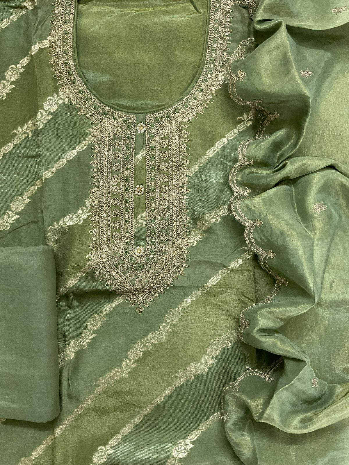 Soft Fine Tissue Shimmer Silk Self Weaved Embroidered Suit - Green