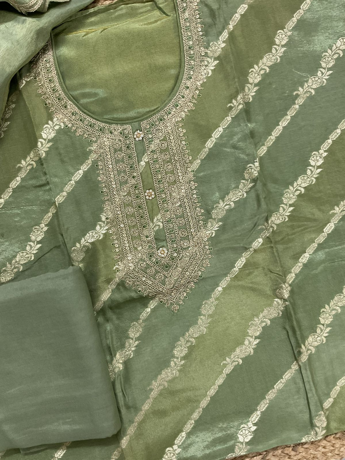 Soft Fine Tissue Shimmer Silk Self Weaved Embroidered Suit - Green