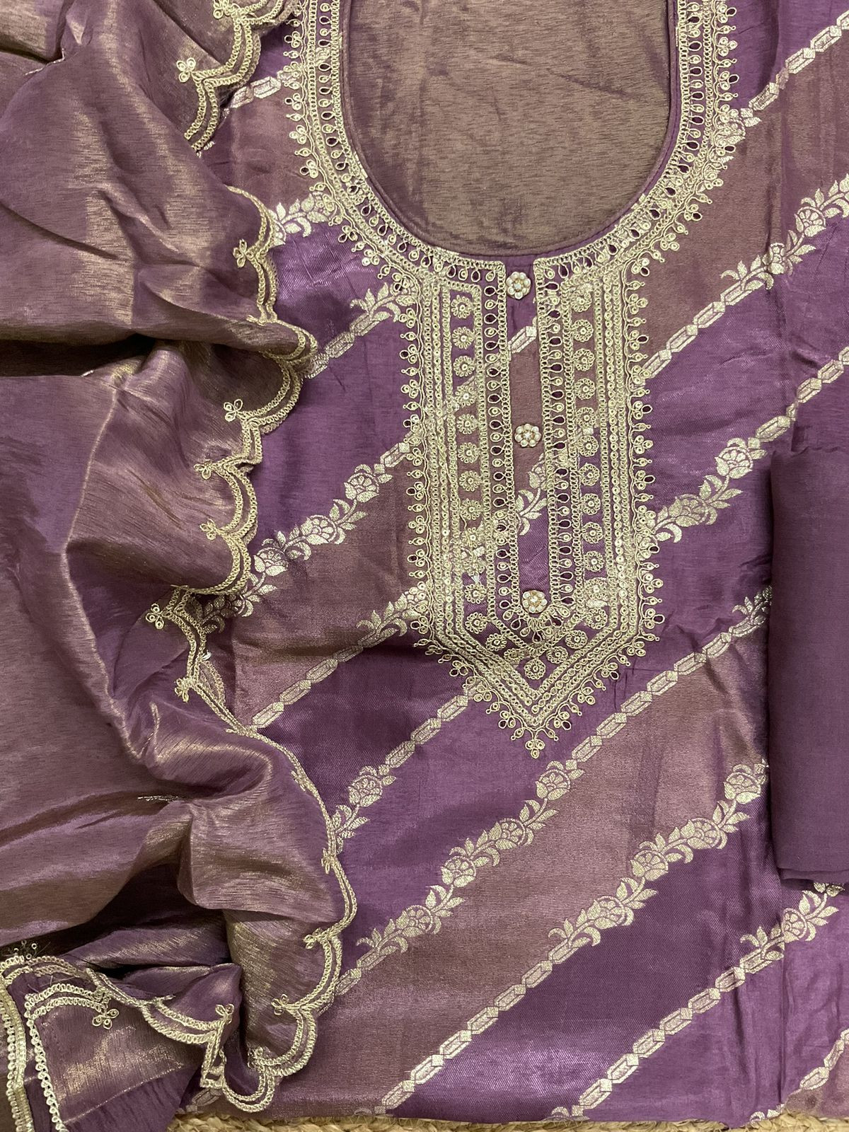 Soft Fine Tissue Shimmer Silk Self Weaved Embroidered Suit - Purple