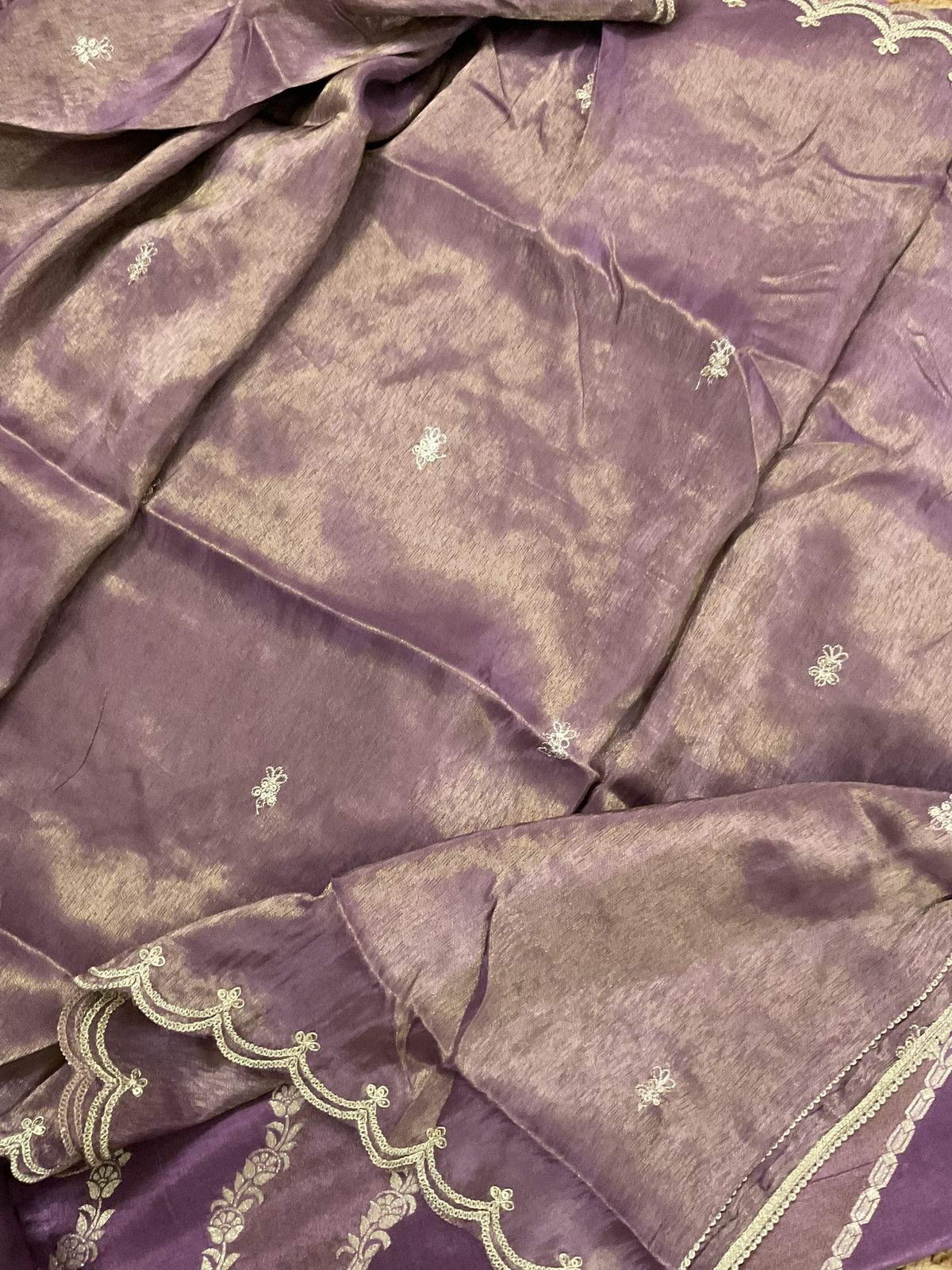 Soft Fine Tissue Shimmer Silk Self Weaved Embroidered Suit - Purple