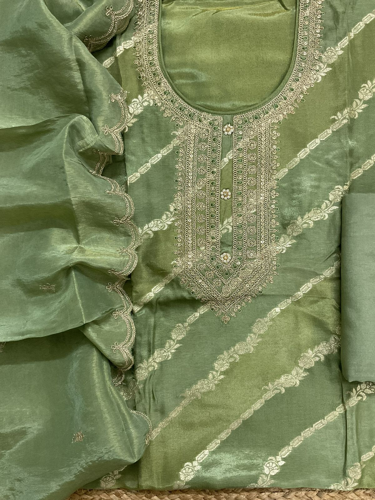 Soft Fine Tissue Shimmer Silk Self Weaved Embroidered Suit - Green