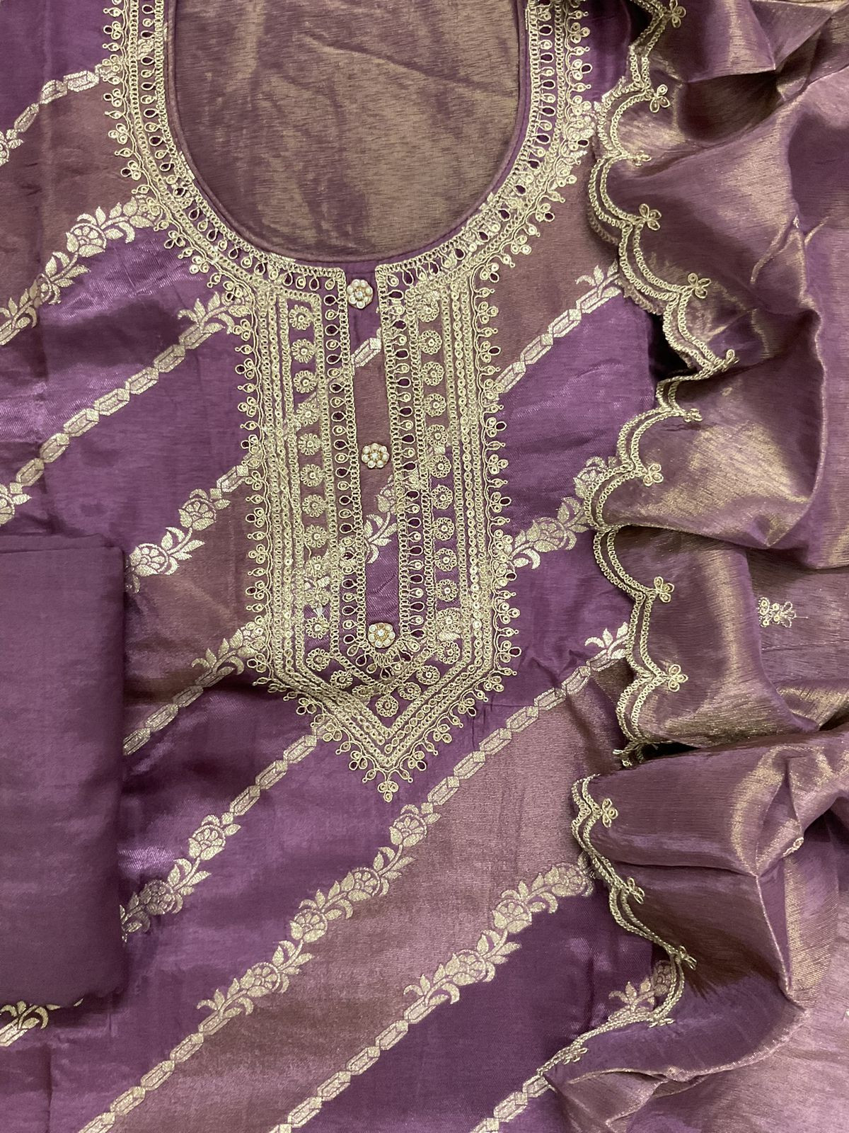 Soft Fine Tissue Shimmer Silk Self Weaved Embroidered Suit - Purple