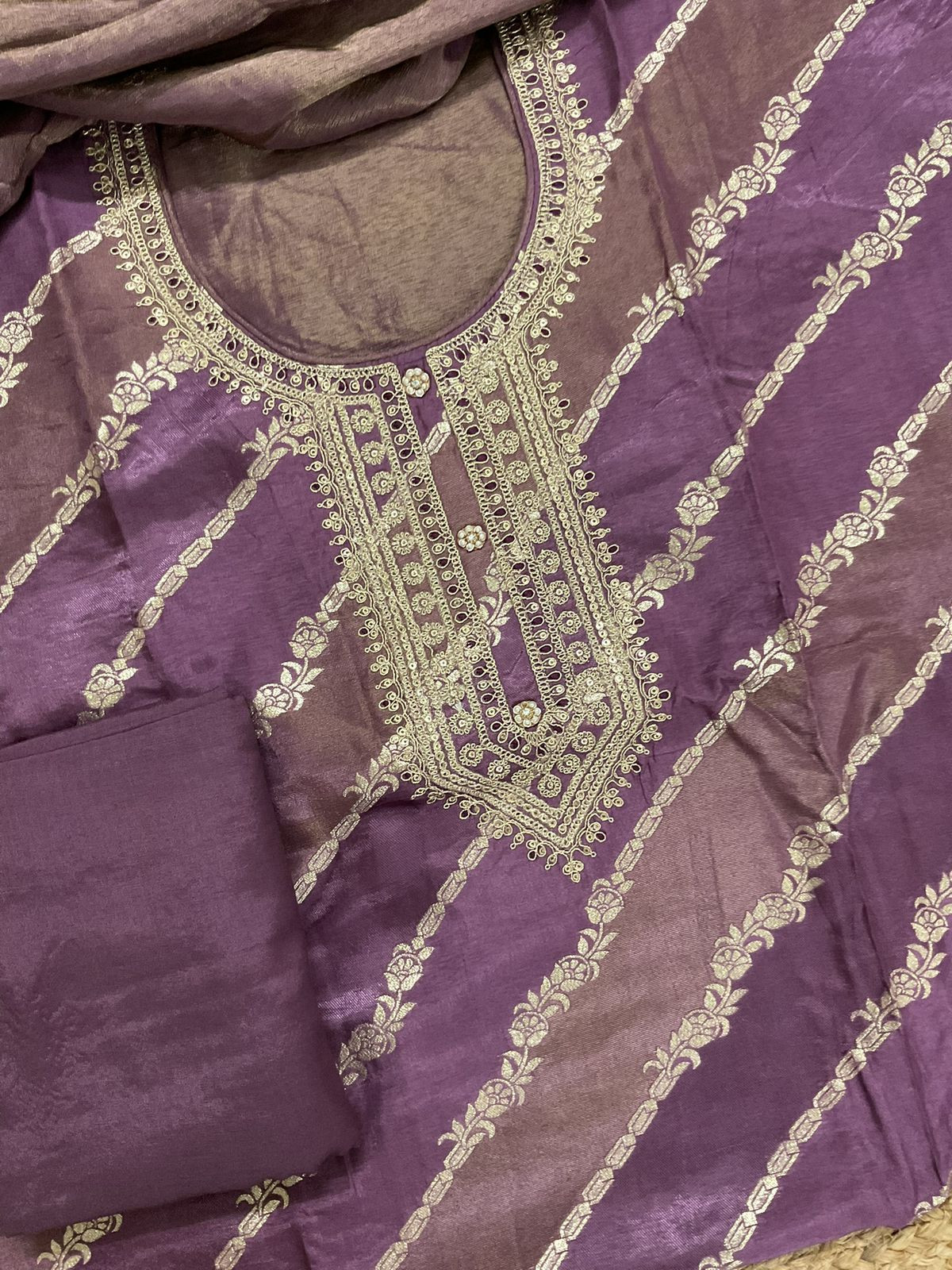 Soft Fine Tissue Shimmer Silk Self Weaved Embroidered Suit - Purple