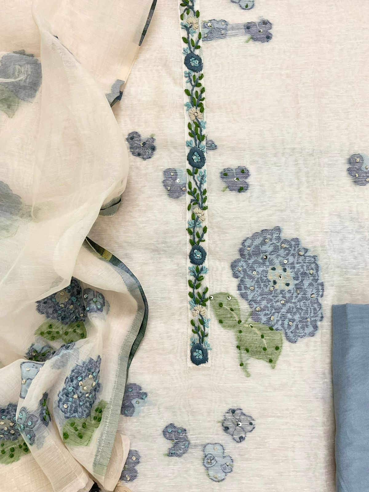 Pure Slub Chanderi Jamdani Weaved Embroidered Suit - Off White