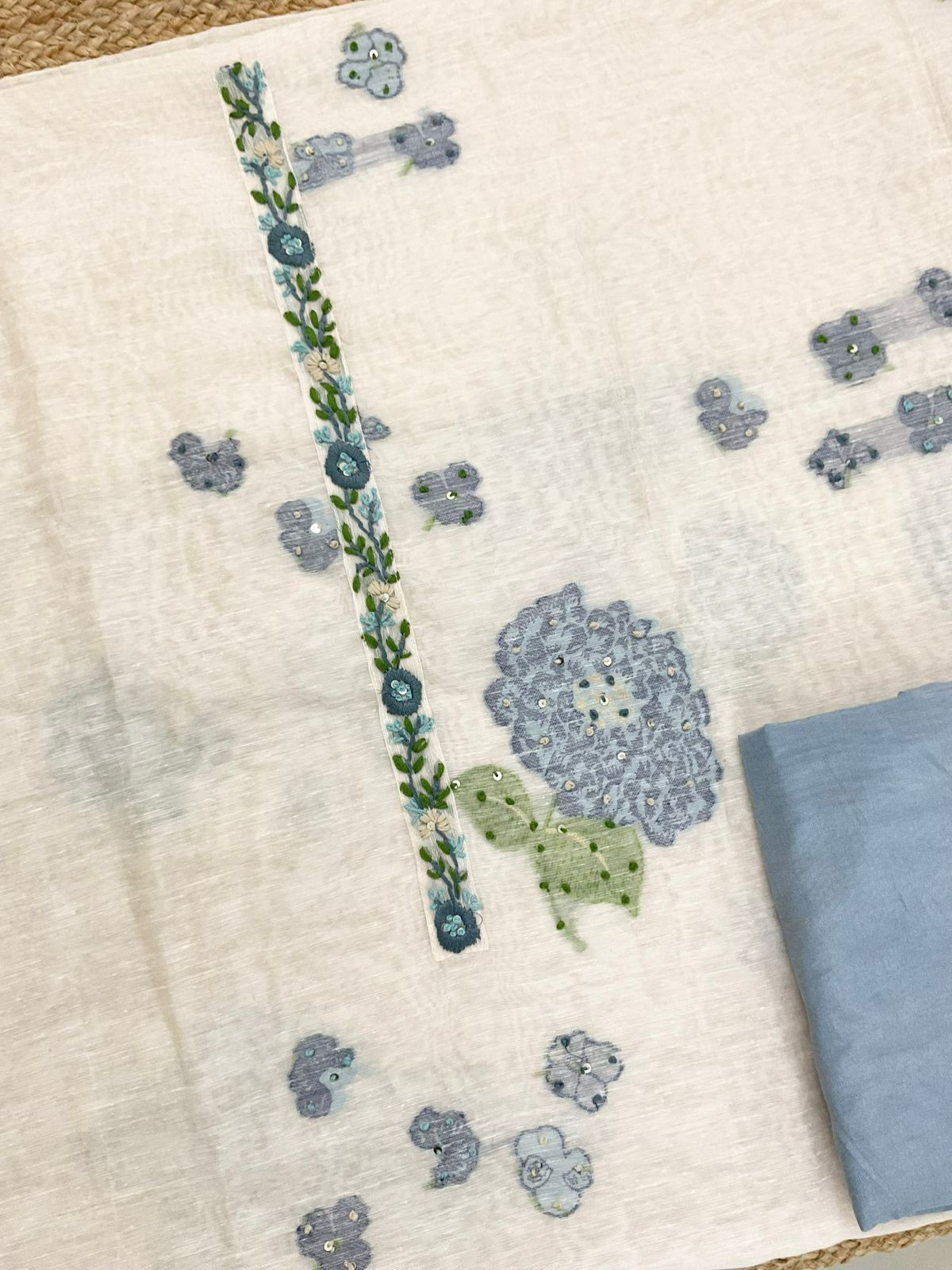 Pure Slub Chanderi Jamdani Weaved Embroidered Suit - Off White