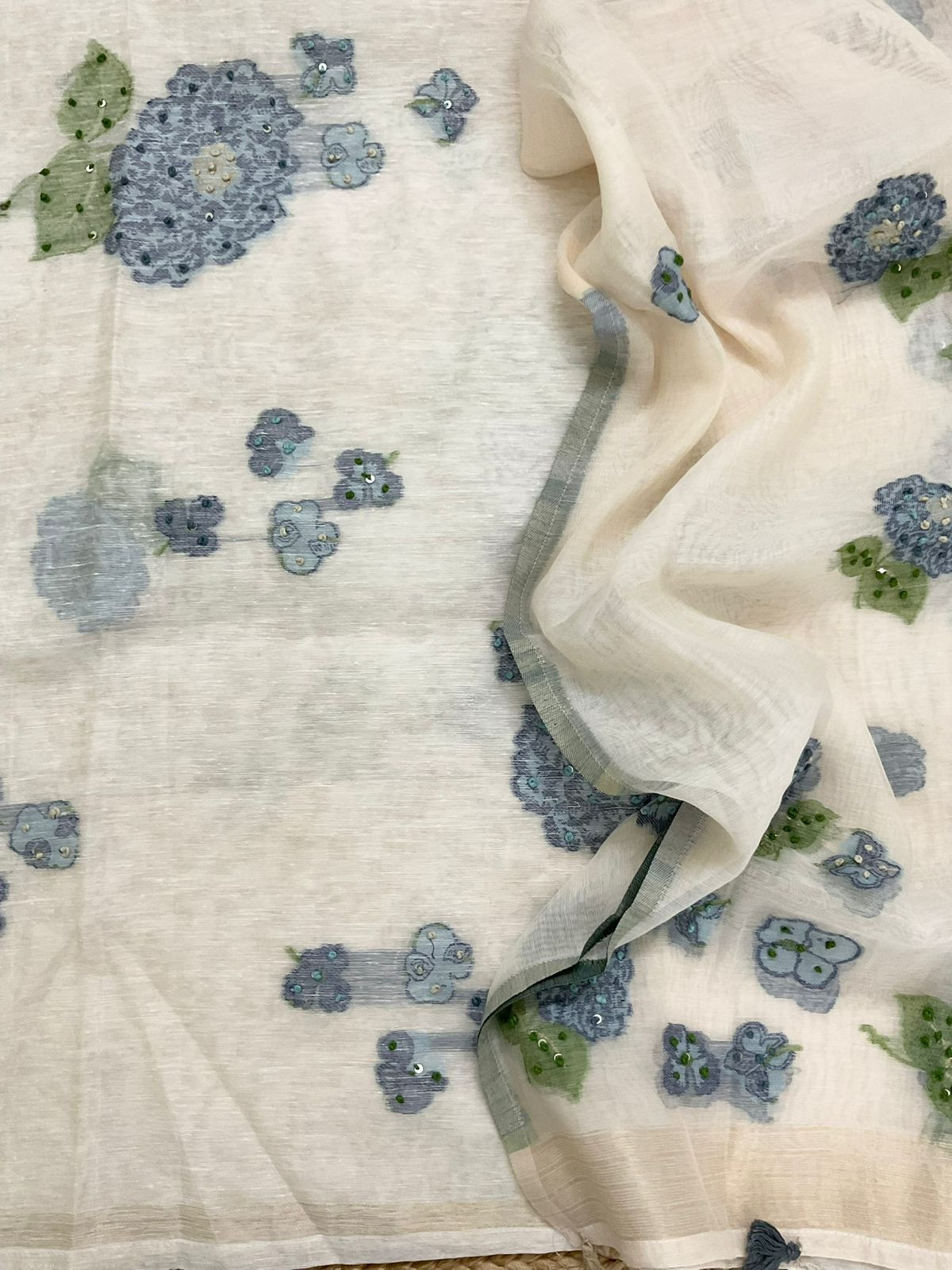 Pure Slub Chanderi Jamdani Weaved Embroidered Suit - Off White