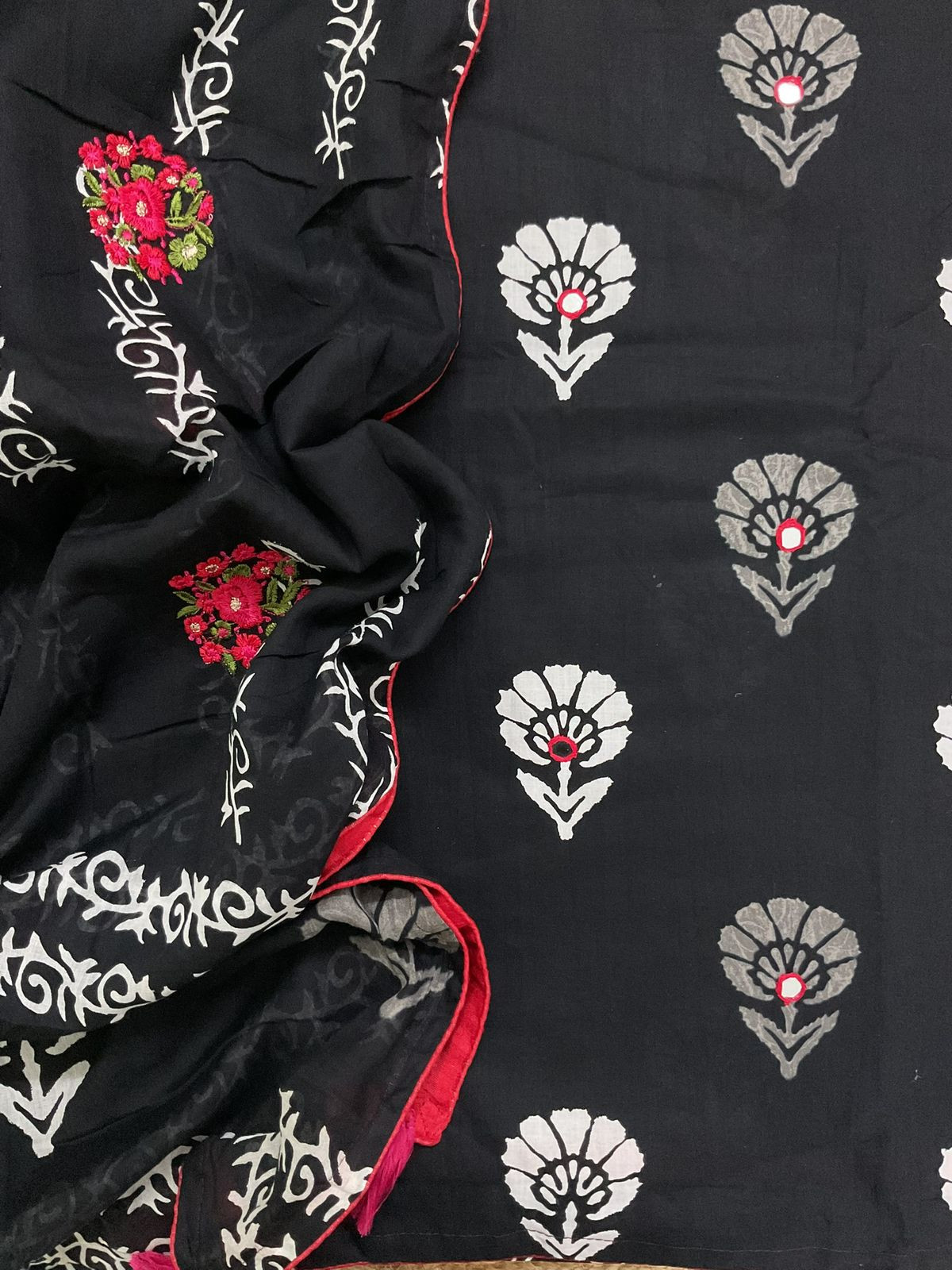 Pure Cotton Printed Embroidered Suit - Black