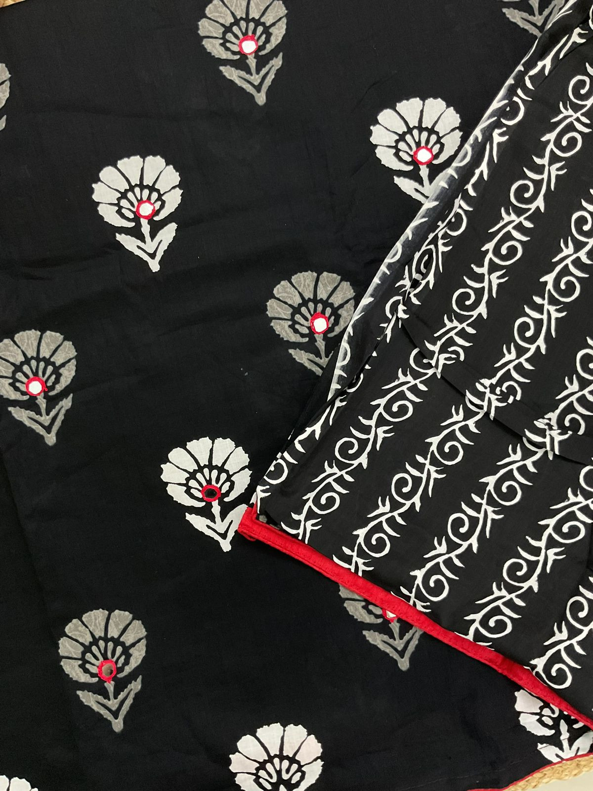 Pure Cotton Printed Embroidered Suit - Black