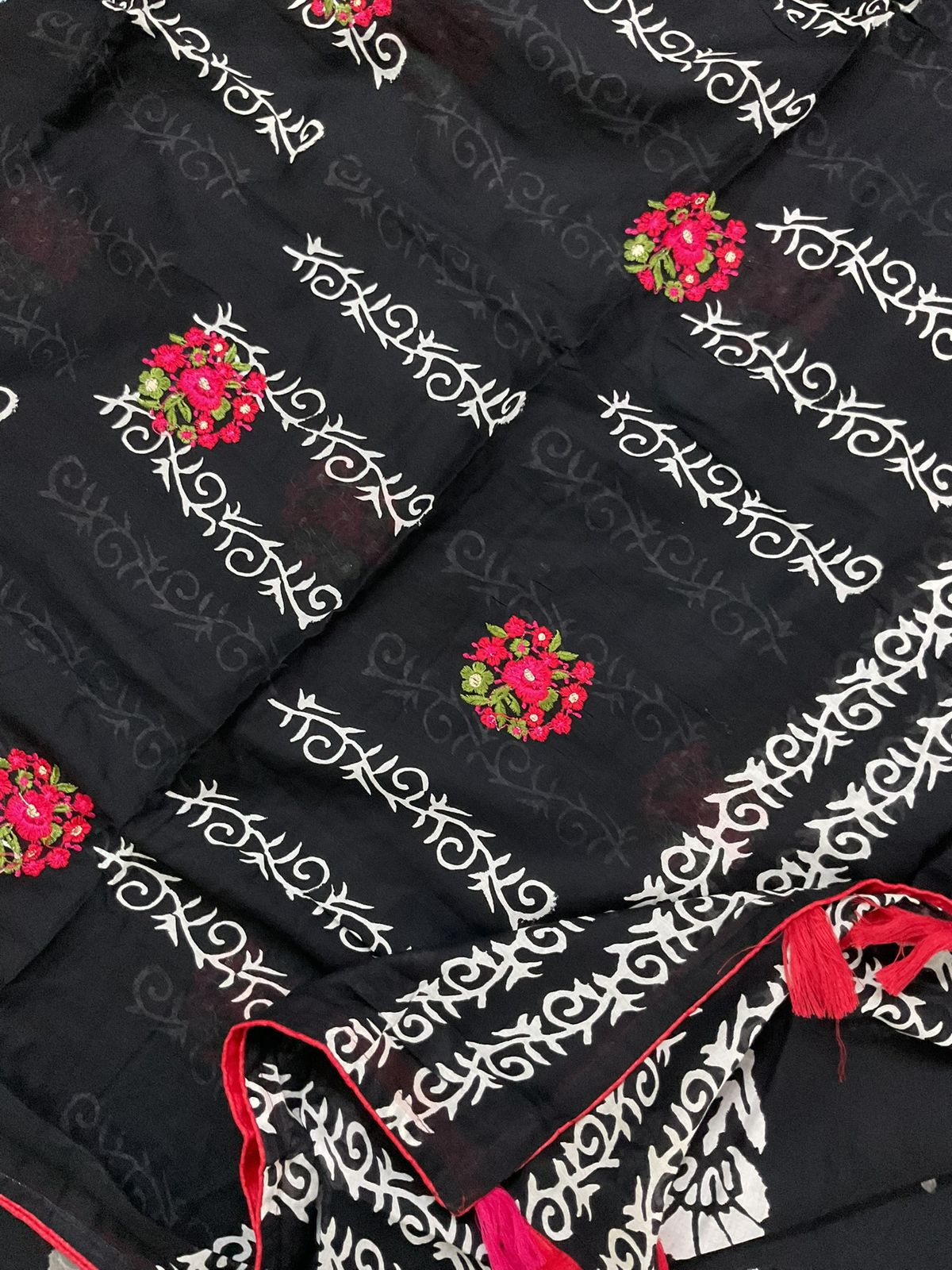 Pure Cotton Printed Embroidered Suit - Black