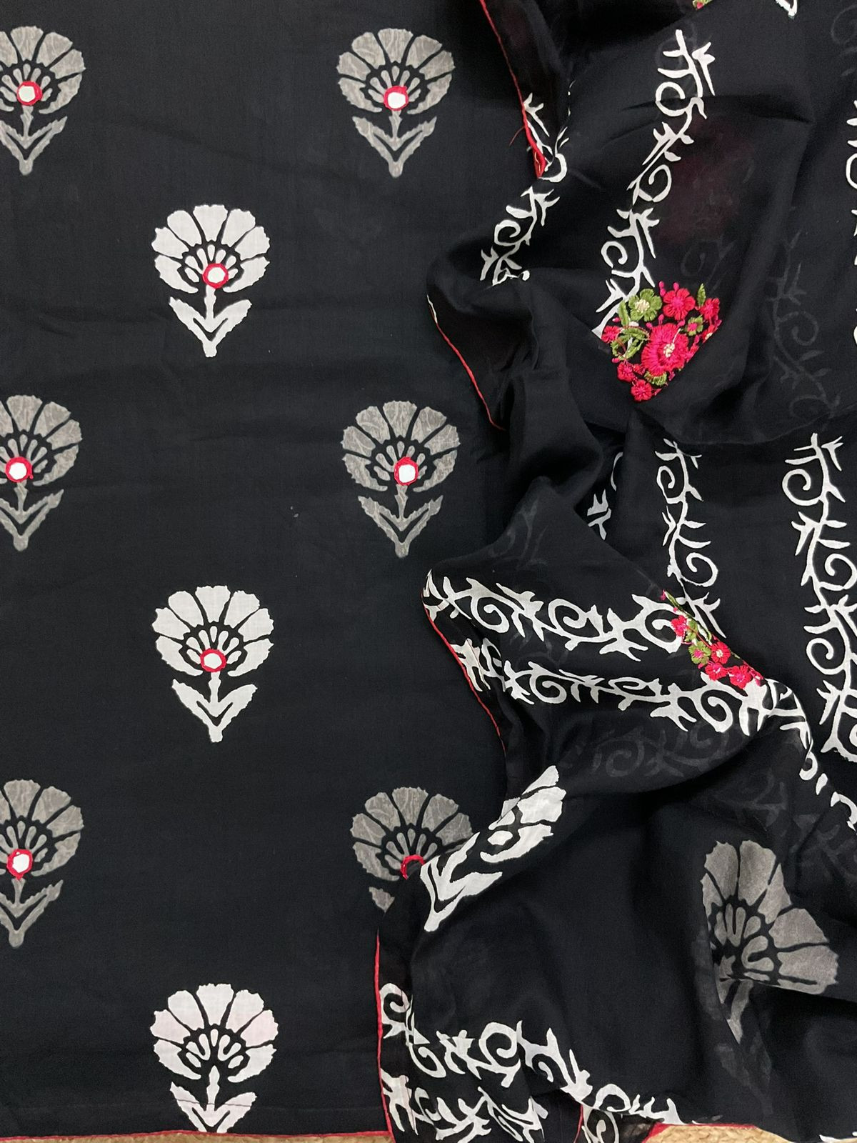 Pure Cotton Printed Embroidered Suit - Black