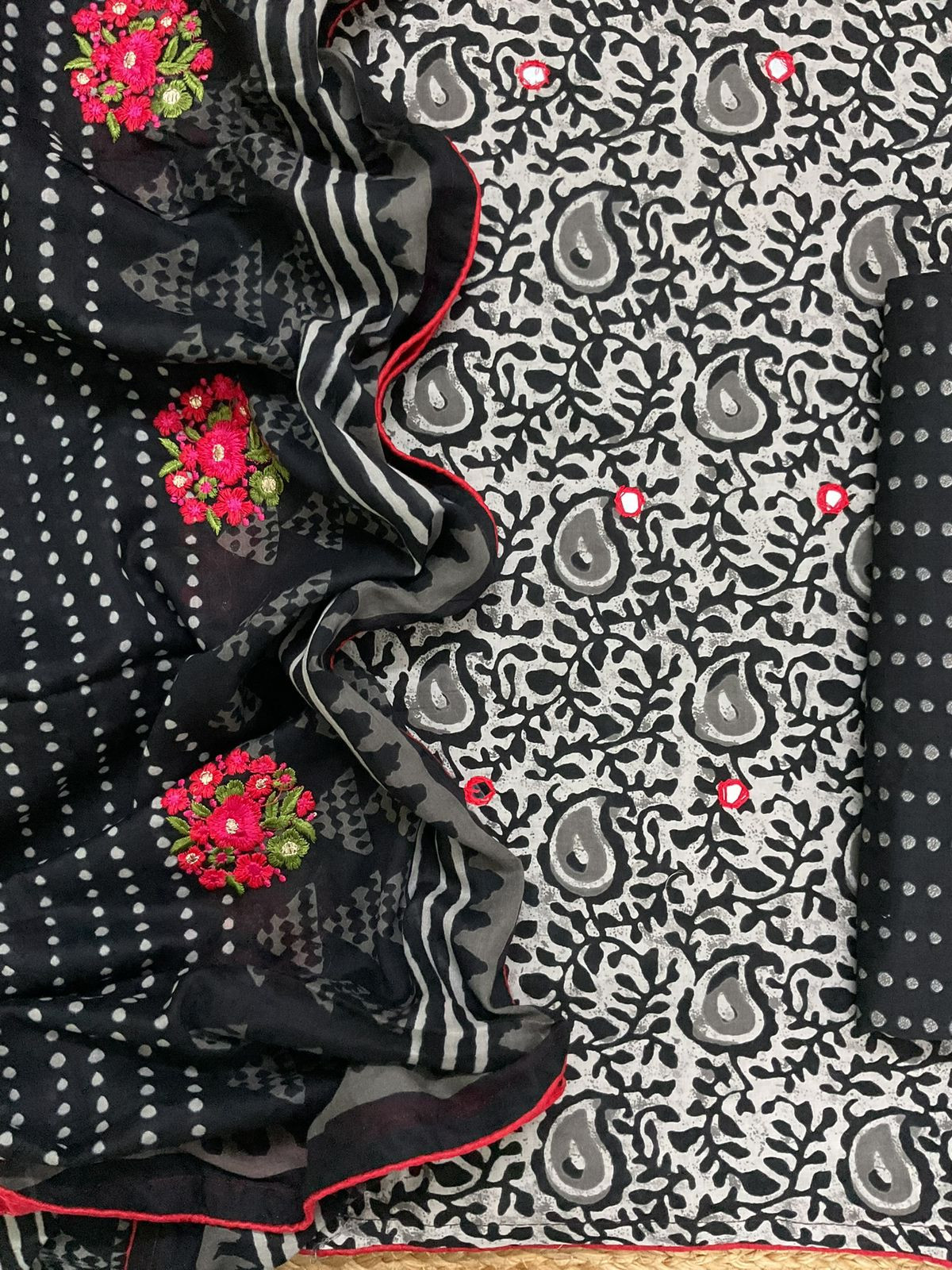 Pure Cotton Printed Embroidered Suit - Grey