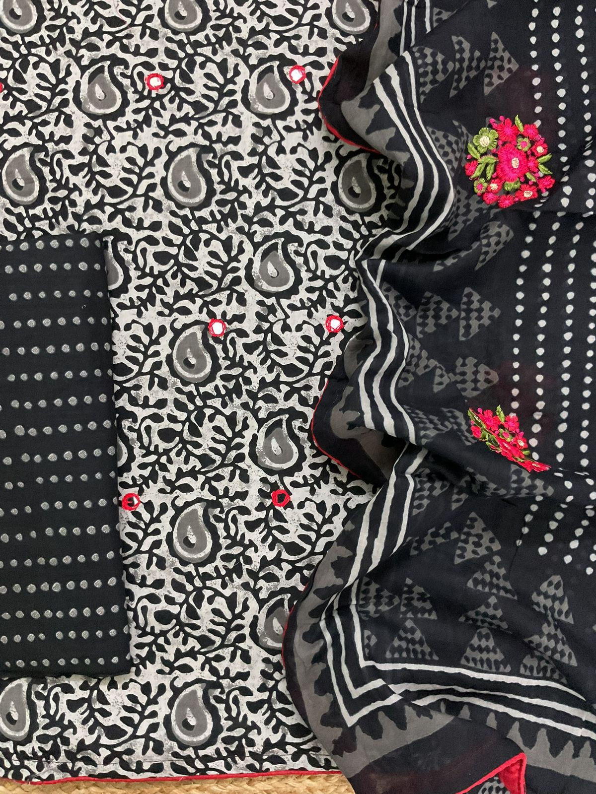 Pure Cotton Printed Embroidered Suit - Grey