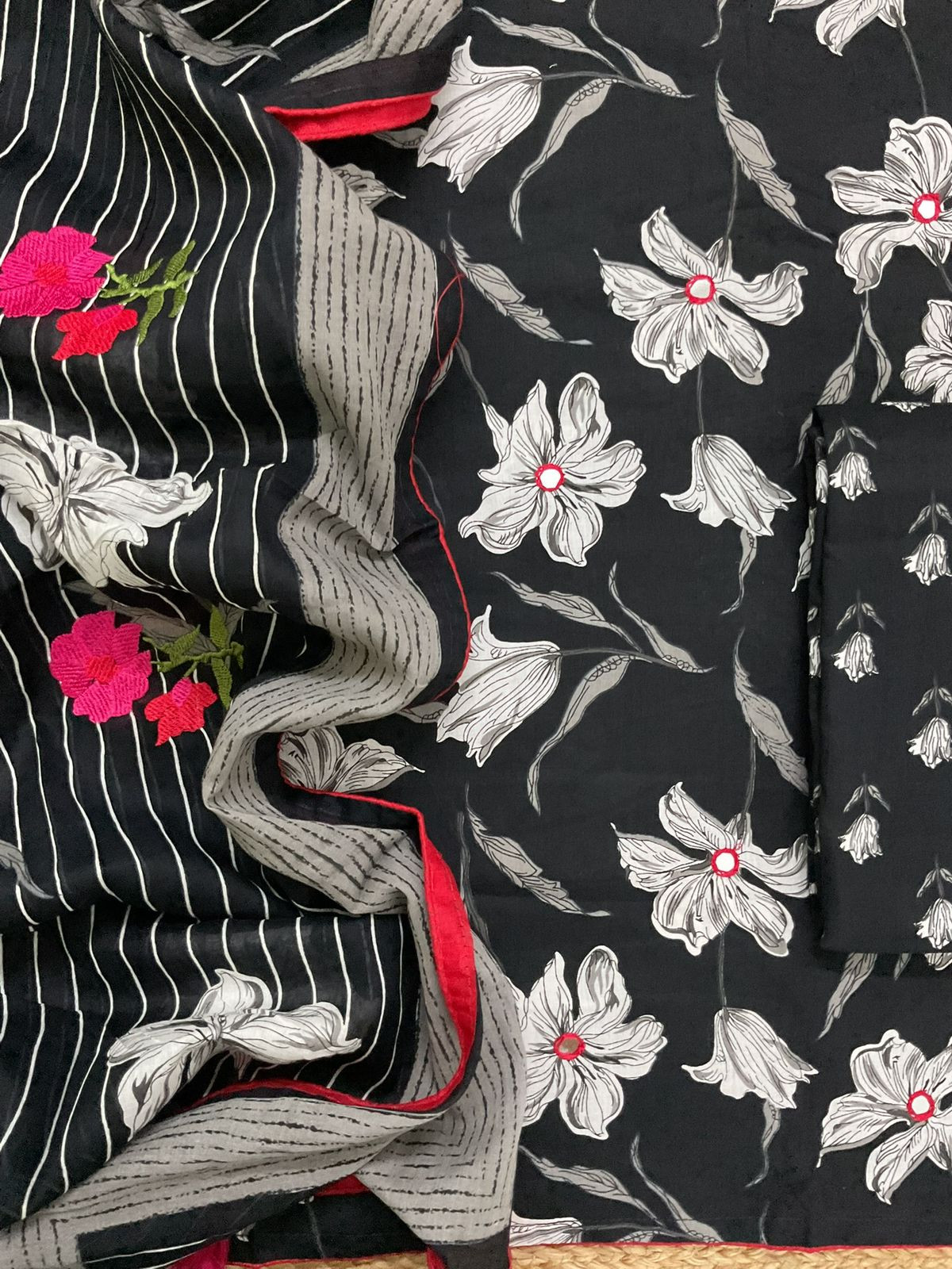 Pure Cotton Printed Embroidered Suit - Black