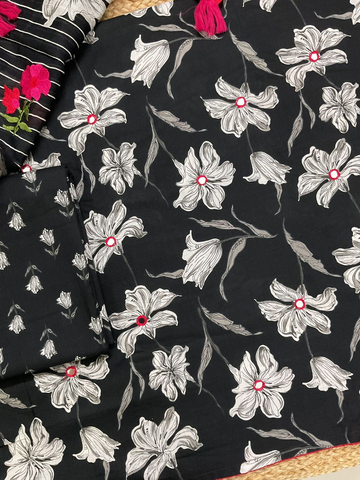 Pure Cotton Printed Embroidered Suit - Black