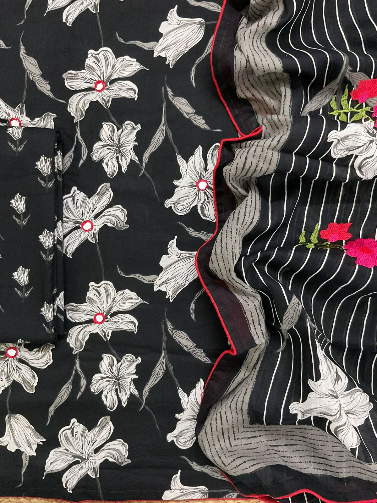Pure Cotton Printed Embroidered Suit - Black
