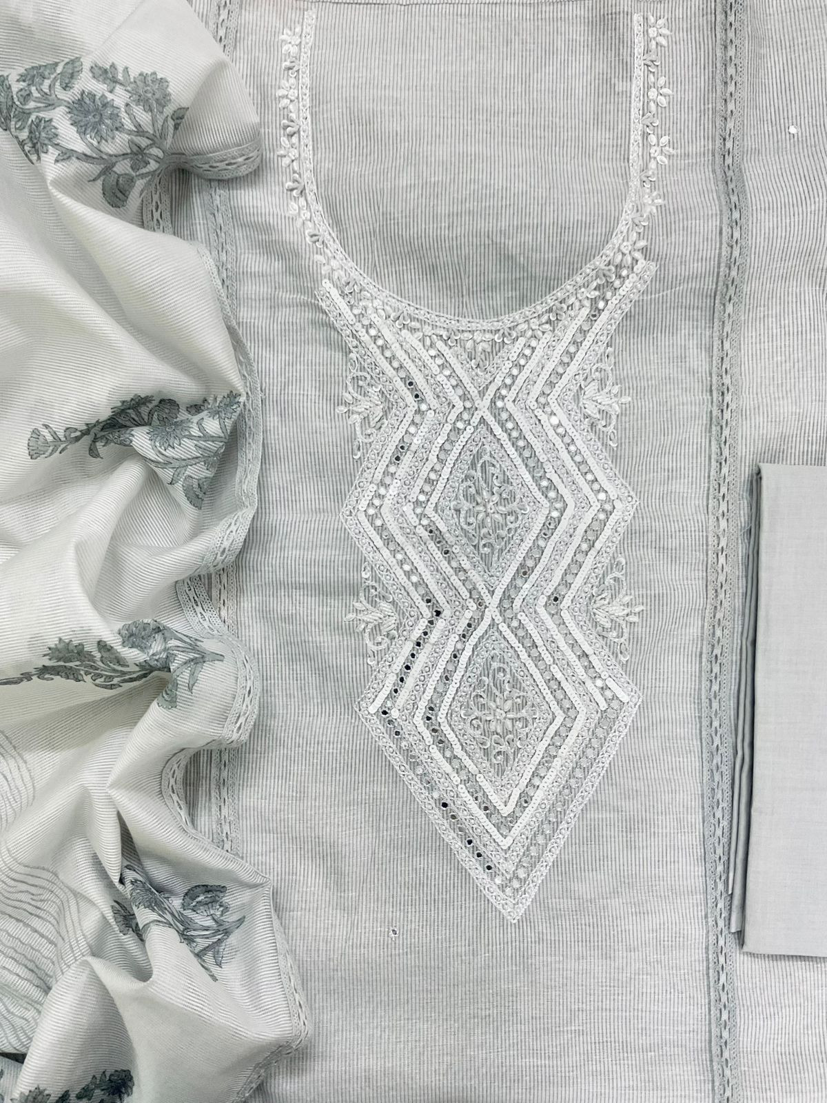 Soft Slub Chanderi Printed Embroidered Suit - Grey