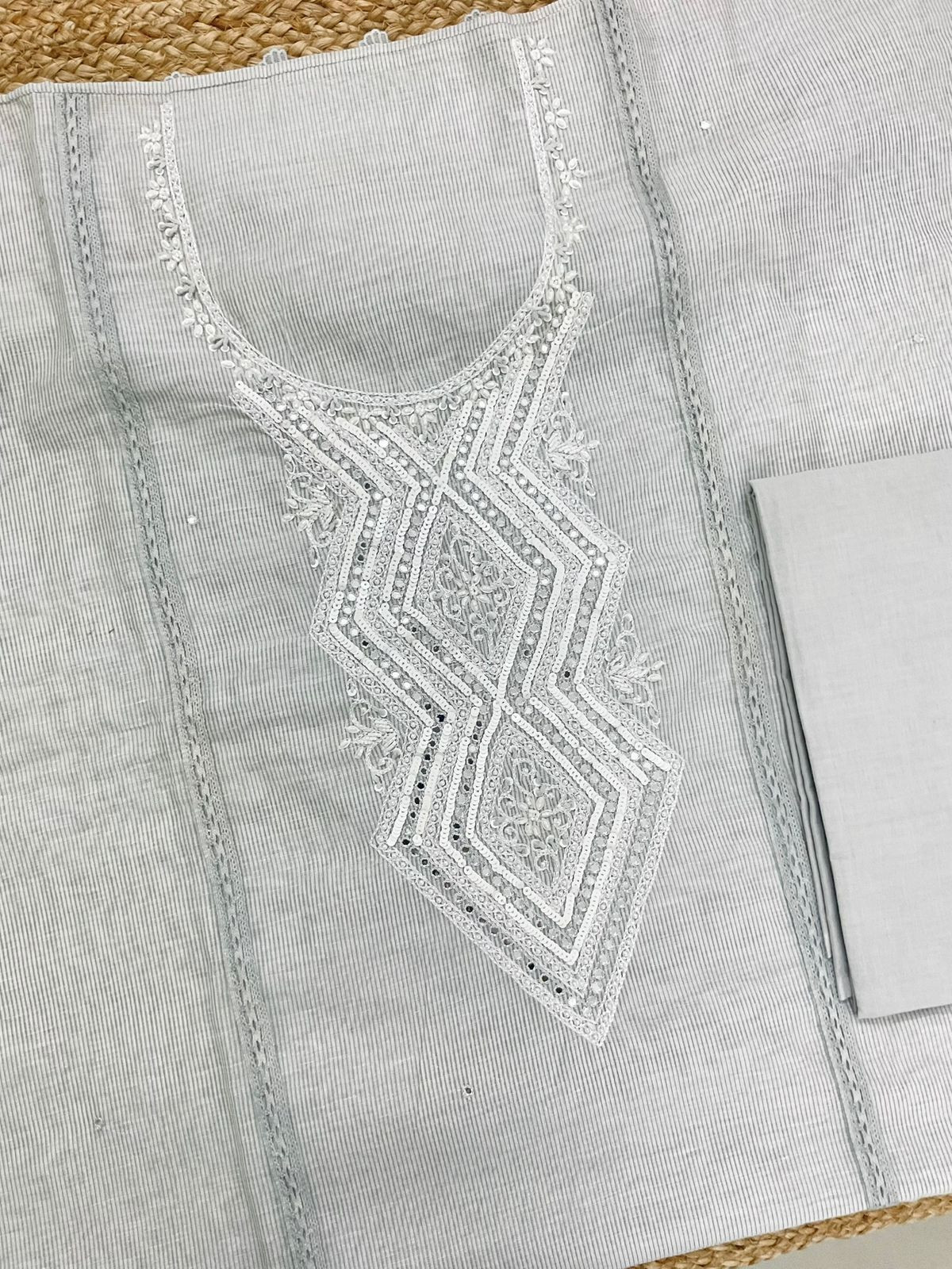 Soft Slub Chanderi Printed Embroidered Suit - Grey