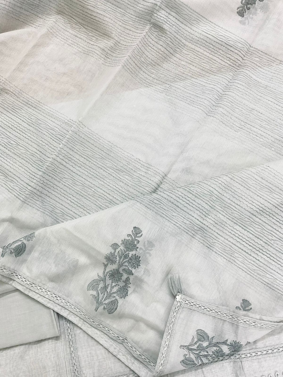 Soft Slub Chanderi Printed Embroidered Suit - Grey