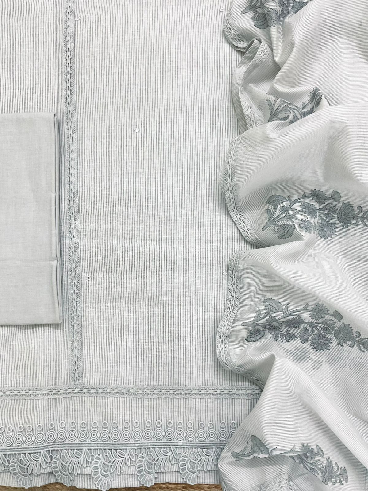 Soft Slub Chanderi Printed Embroidered Suit - Grey