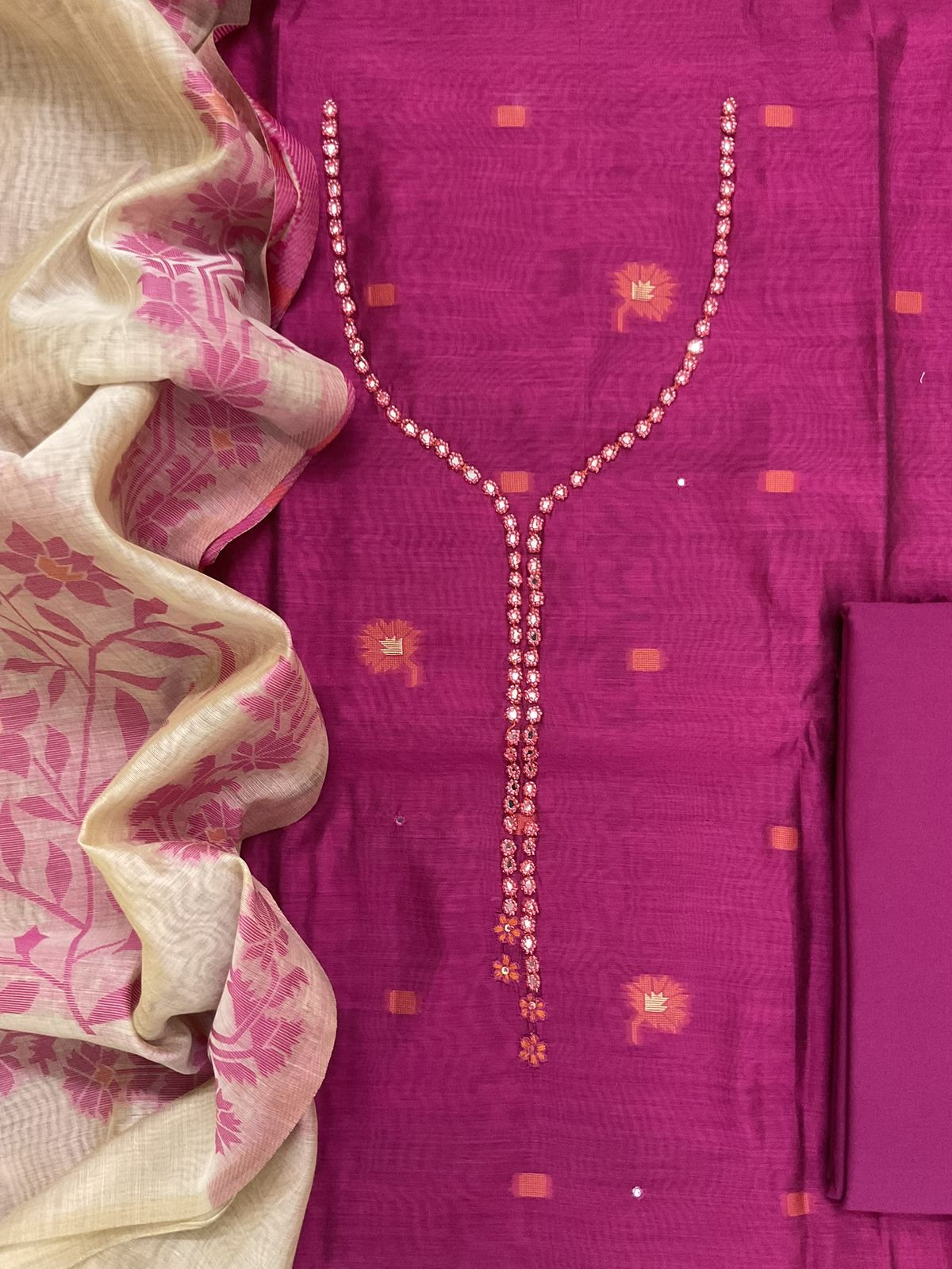 Soft Slub Chanderi Jamdani Weaved Embroidered Suit - Pink